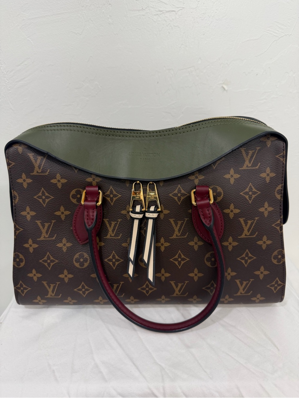 Louis Vuitton Monogram Satchel in Brown with Green & Burgundy Accents